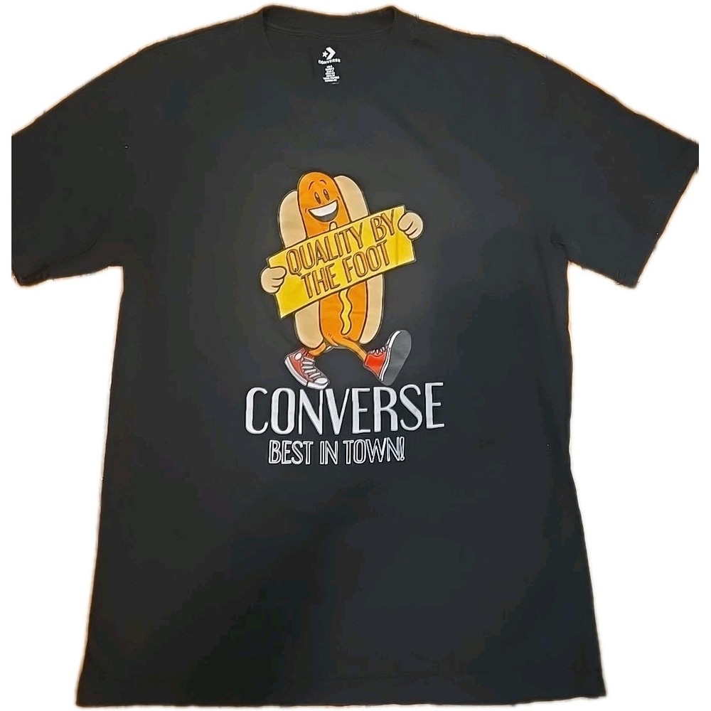 Converse Mens Small Black Hot Dog Graphic T-Shirt Quality By The Foot Cotton Tee